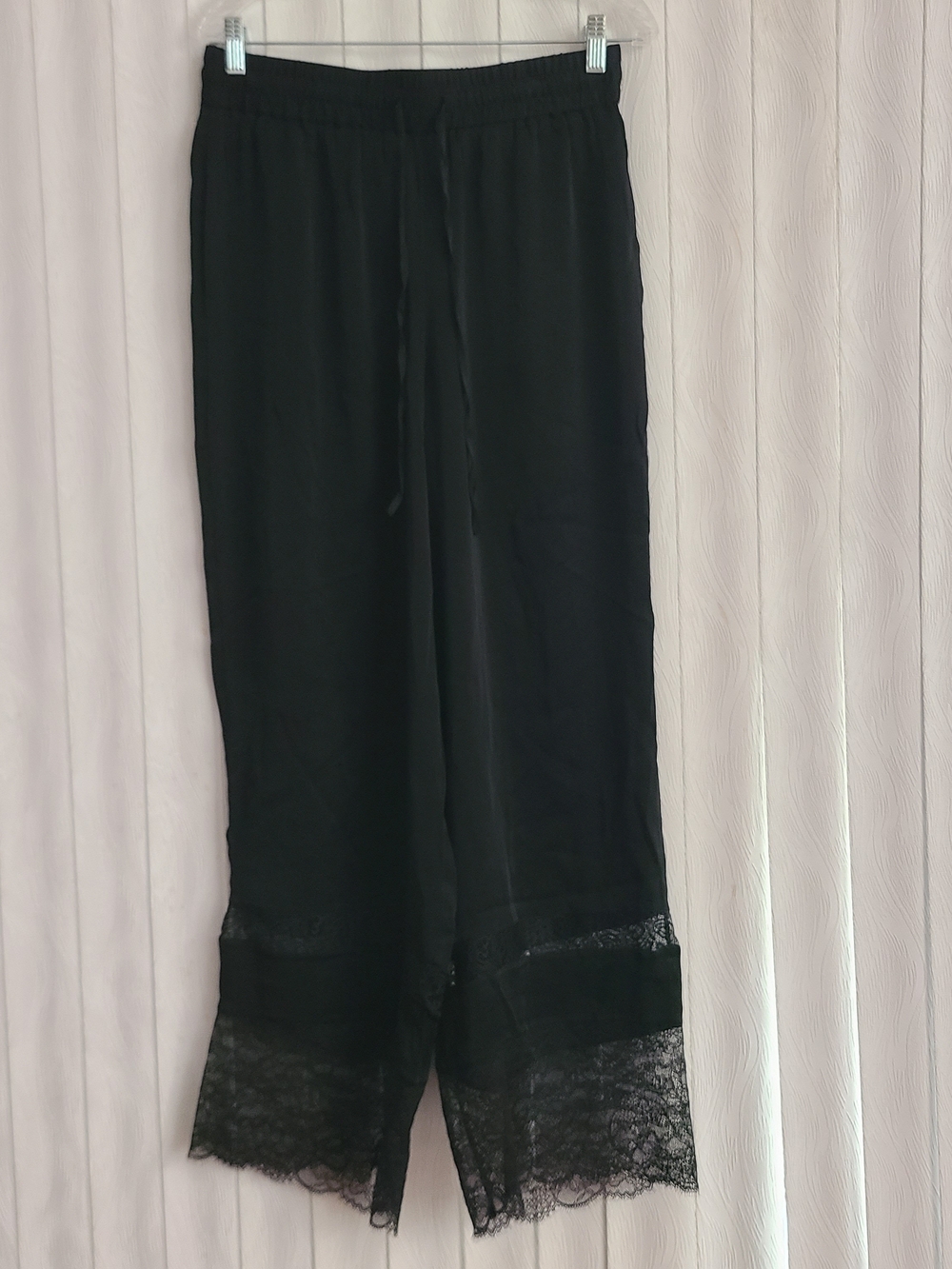 INC International Concepts Sz M Black Satin Lace Trim Pull On Wide Leg Pant